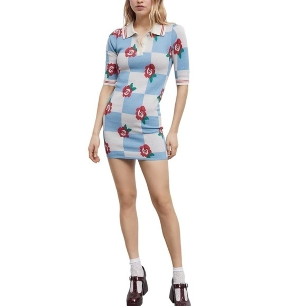 Glamorous | Knit Collard Mini Dress Blue Checkered Red Roses Print New